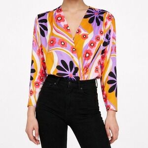 ZARA Retro Floral Print Wrap Bodysuit - M